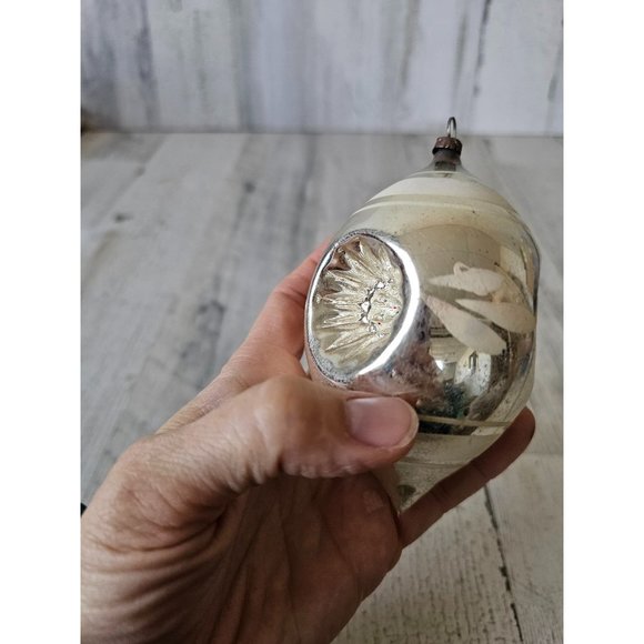 Antique silver triple indent white striped teardrop glass ornament Xmas tree - Picture 6 of 10